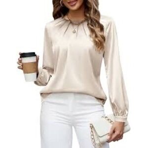 NEW Blooming Jelly Satin Pleated Blouse Long Sleeve Elegant Women Top M Beige